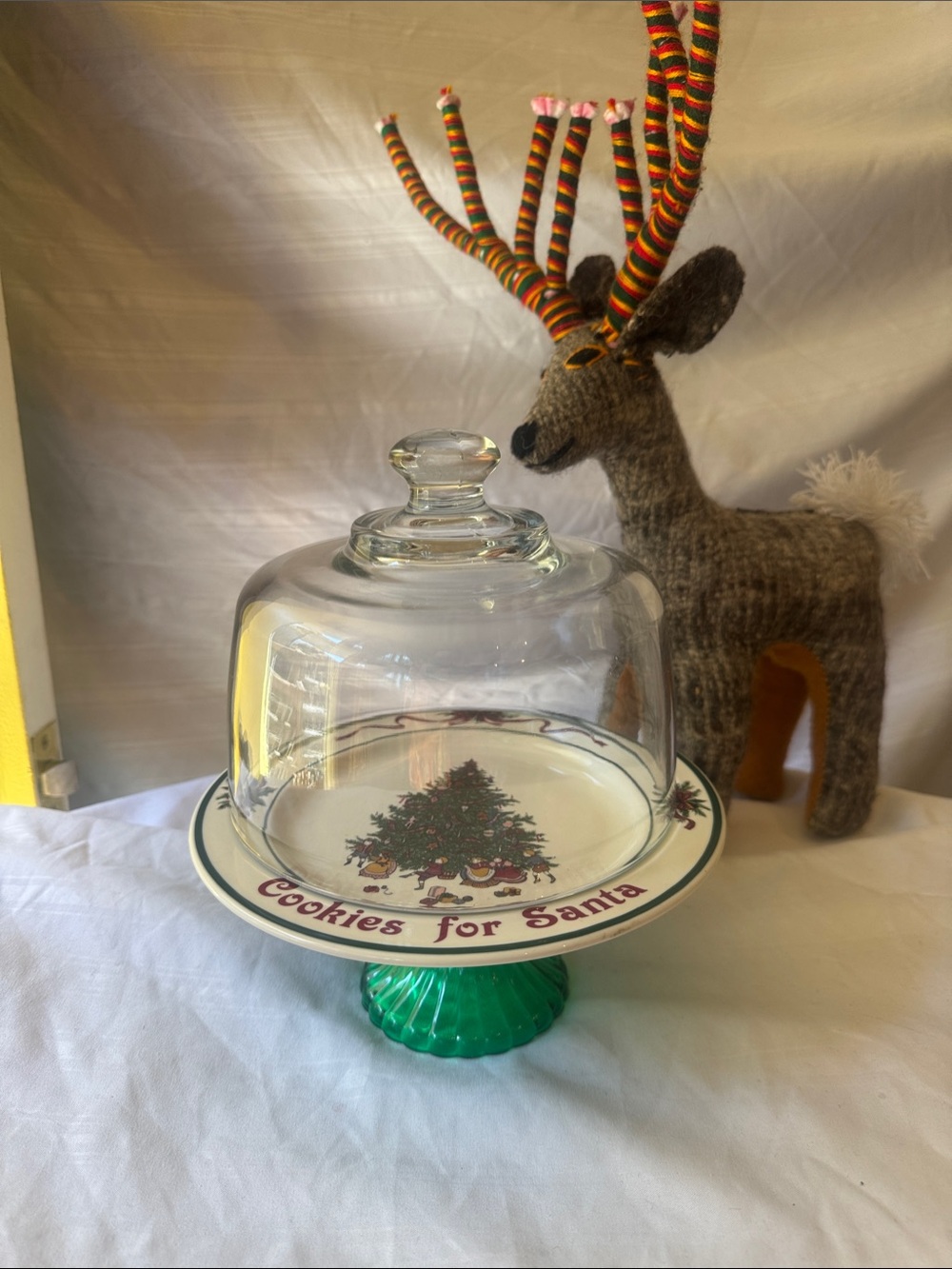 Festive Cookies for Santa Cake Stand with Green Pedestal and Clear Dome